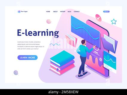 Isometric concept Man watching a lesson on the website, online training, e-learning. Mobile Application for training. Landing page template for the si Stock Vector