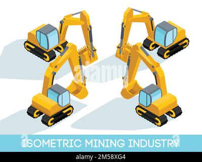 Isometric 3D mining industry icons set 5 image of mining equipment and vehicles isolated vector illustration. Stock Vector