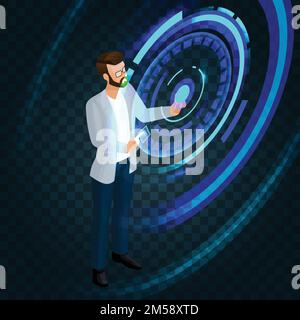 Trendy isometric stylish businessman working on the future of the screen, press a button, create business ideas, planning. Vector illustration. Stock Vector