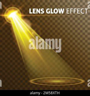 Set realistic yellow light shining bright glare of lamps, a set of various shapes and projections on a dark background. Abstract vector illustration. Stock Vector