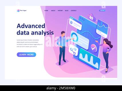 Isometric concept Young entrepreneurs review reports and analyze data.Template landing page for website. Stock Vector
