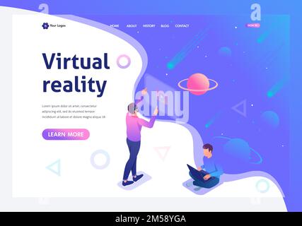 Isometric a young man runs a virtual reality using virtual glasses, a teenager runs on a laptop. Template landing page. Stock Vector