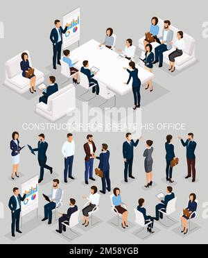 Business people isometric set to create his illustrations of the meeting and brainstorming with men and women in corporate attire isolated on a gray b Stock Vector