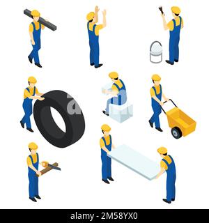 Set of vector isometric workers, construction workers, builders in the form. People isometric for web design. Vector illustration. Stock Vector