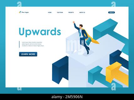 Isometric aiming for the top, a businessman flies on large arrows. Template landing page. Stock Vector