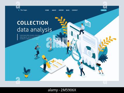 Website Template Landing page Isometric concept young entrepreneurs, data collection, data analysis. Easy to edit and customize. Stock Vector