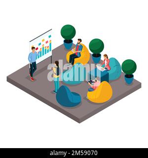 Isometric concept of coworking center. 3D people trained, coachers at the blackboard, comfortable armchairs in the open office space. Creative people, Stock Vector