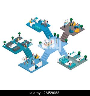 Luxury Isometric icons many storeyed building center in co working with stairs and bathrooms, free, creative people, freelancers work, socialize in a Stock Vector