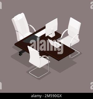 Isometric 3D, furnished in a modern style, office furniture, computer equipment, advanced technology, monitor, keyboard, isolated on a dark background Stock Vector