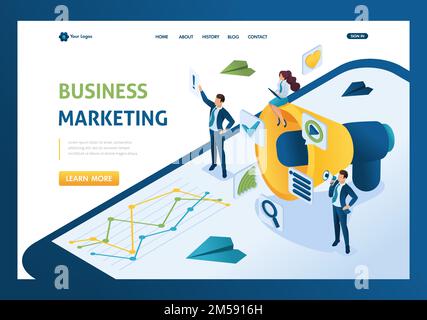 Isometric business marketing, businessmen next to the big megaphone and digital icons. Template landing page. Stock Vector
