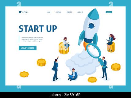 Isometric concept of investing in startups, rocket launch, young entrepreneurs. Template Landing page. Stock Vector