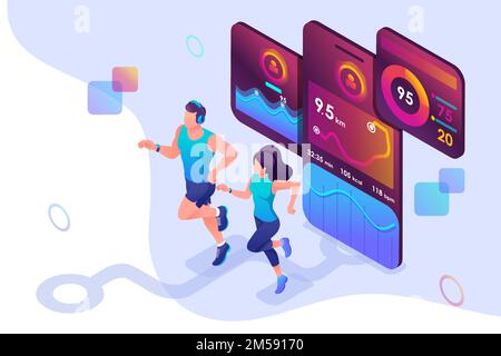 Isometric concept train together, reach your goal using the mobile app to track your activity. Concept for web design. Stock Vector