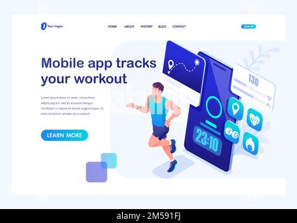 Isometric concept mobile app tracks your workout, male athlete on a run. Training of a young man. Template landing page for website. Stock Vector