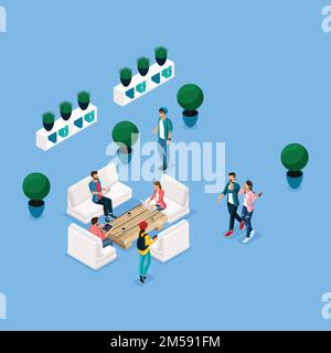 Trendy Isometric people and gadgets coworking center, relaxation and discussion, stylish interior, brainstorming, meeting, freelancers work are isolat Stock Vector