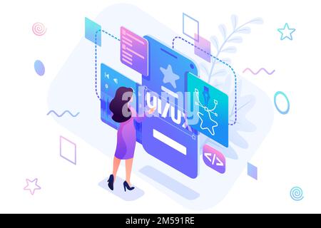 Isometric concept a young woman creates a custom design for a mobile application, Ui UX design. Concept for web design. Stock Vector