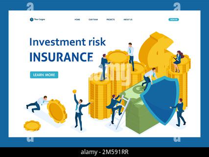 Isometric investment risk insurance, businessmen insure money and assets. Template Landing page. Stock Vector