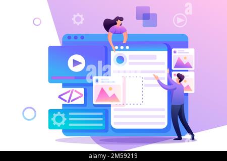 Young people are engaged in web design, website page development. Flat 2D character. Concept for web design. Stock Vector