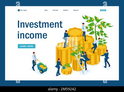 Isometric Income from investments, businessmen collect profits and reinvest money. Template Landing page. Stock Vector