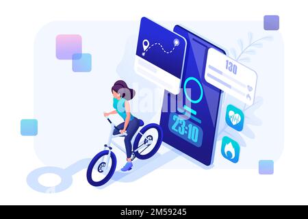 Isometric concept mobile app to track your workouts, girl running. Header concept. Concept for web design. Stock Vector