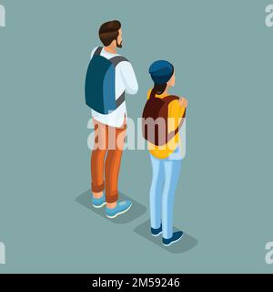 Trendy isometric people. Medical staff, hospital, doctor, nurse, surgeon. Large Director, People for the front view of the visas, standing position is Stock Vector