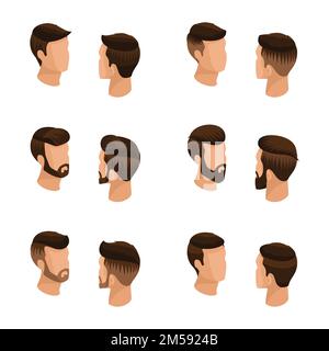 Isometric set of avatars, men's hairstyles, hipster style. Laying, beard, mustache. Stylish, modern hairstyles, front view rear view isolated. Vector Stock Vector