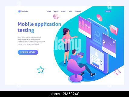 Isometric concept young people are engaged in Testing the Mobile application, the work of the program. Template landing page for website. Stock Vector