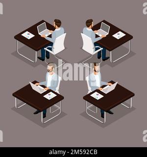 Trend Isometric people set 1, 3D businessman working at his desk on a laptop front view, rear view, glasses, stylish hairstyle hipster, office worker Stock Vector