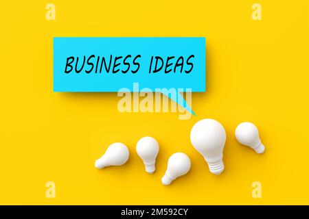 Light bulbs with a speech bubble with the word business ideas. Finding creative business ideas concept. 3D rendering. Stock Photo