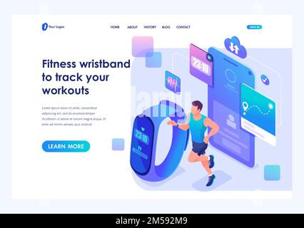 Isometric concept a man runs around using a fitness bracelet and tracks his workouts.Template landing page for website. Stock Vector