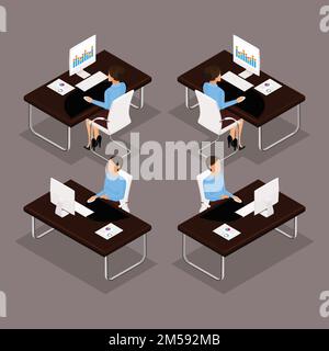 Trend Isometric people Set 2, 3D business lady working at a desk on a laptop front view, rear view, stylish hairstyle, office worker man in a suit iso Stock Vector