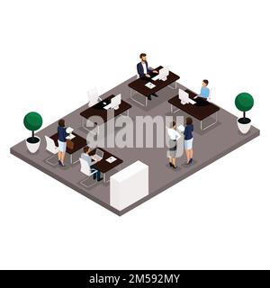 Trend isometric people, concept, an office Rear view of a large office room, work, office workers, businessmen and business woman in suits isolated on Stock Vector