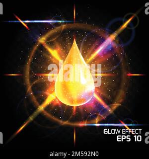Luxury background with gold falling drop of oil, honey, bright iridescent glow in the rays of the lens effect of bright different colors. Vector illus Stock Vector