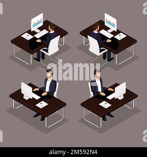 Trend Isometric people set 3, 3D businessman working at his desk on a laptop front view, rear view, glasses, stylish hairstyle hipster, office worker Stock Vector