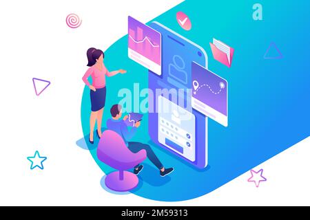 Isometric concept young people are engaged in Testing the Mobile application, the work of the program. Concept for web design. Stock Vector