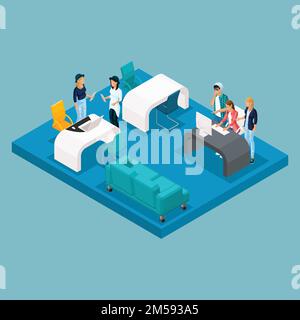 Isometric concept of coworking center. 3D people talking and working on computers in an open office space. Creative people, freelancers work isolated. Stock Vector