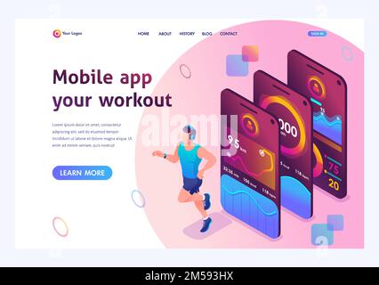 Isometric concept The mobile app tracks a person's training. Athlete training, a man running. Landing page template for the site. Stock Vector
