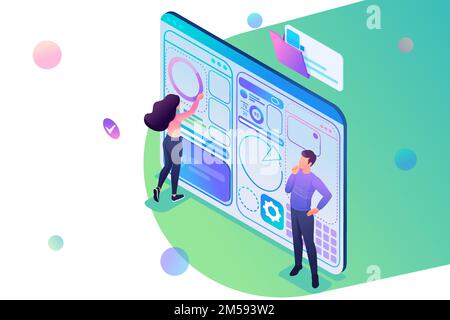 Young people are engaged in the Dashboard design development. Concept of modern technology. 3d isometric Concept for web design. Stock Vector