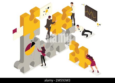 Isometric team work together to create a project, businessmen. Concept for web design. Stock Vector