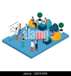 Isometric concept of coworking center. 3D people meeting, discussing, planning, brainstorming at the blackboard, comfortable armchairs in the open off Stock Vector