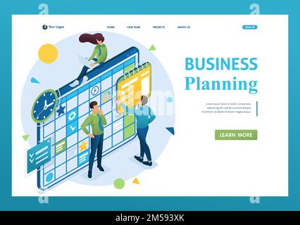 Isometric concept of the team working on the business plan, employees fill in the calendar fields. 3d isometric. Landing page concepts and web design. Stock Vector