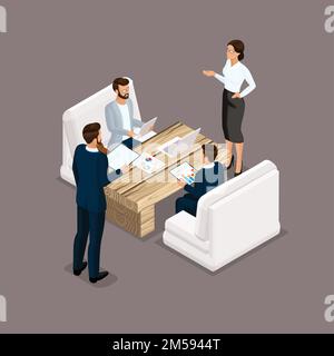 Isometric people isometric businessmen, negotiation, investment, graphic, business meeting. Business men and women negotiate. Vector illustration. Stock Vector