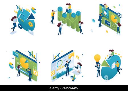 Set of isometric concepts on the theme data analysis and chart for research. For Landing page concepts and web design. Stock Vector
