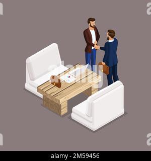 Isometric people isometric businessmen, negotiations, business meeting, shaking hands, the negotiating table. Laptop, documents, graphics, Stock Vector