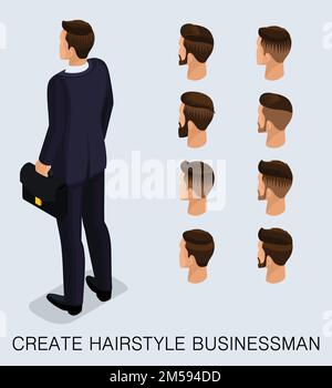 Set 4 Trendy isometric 3D businessman, a set of men's haircuts, styling, style, hipster, beard, mustache. Rear view isolated on a light background. Ve Stock Vector