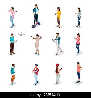 Trendy Isometric people and gadgets, teenagers, young people, students, using hi tech technology, mobile phones, pad, laptops, make selfie, smart watc Stock Vector