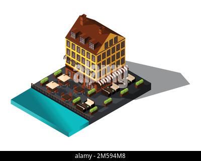 Isometric icon, 3d house by the sea, restaurant, Denmark, Paris, the historic center of the city, the old building of the hotel-01. Stock Vector