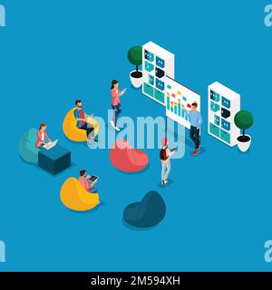 Trendy Isometric people and gadgets coworking center, learning, chairs, laptop, working freelancers, artists, programmers are isolated. Stock Vector