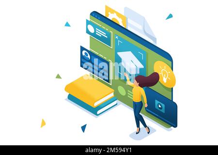 Young people are engaged in online training using a tablet. Concept of online education. 3d isometric. Concept for web design. Stock Vector