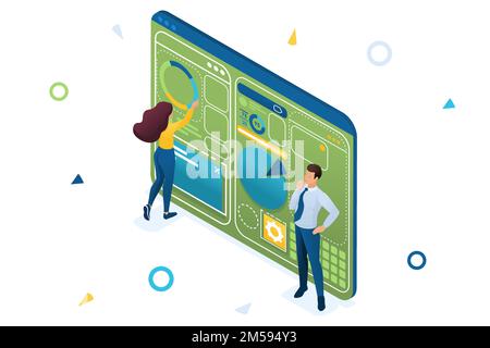 Young people are working on creating a dashboard with an individual menu. Design concept. 3d isometric Concept for web design. Stock Vector