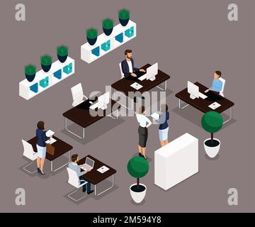 Trend isometric people, office worker rear view, business concept, management, office furniture, workflow, business office workers in suits insulated. Stock Vector